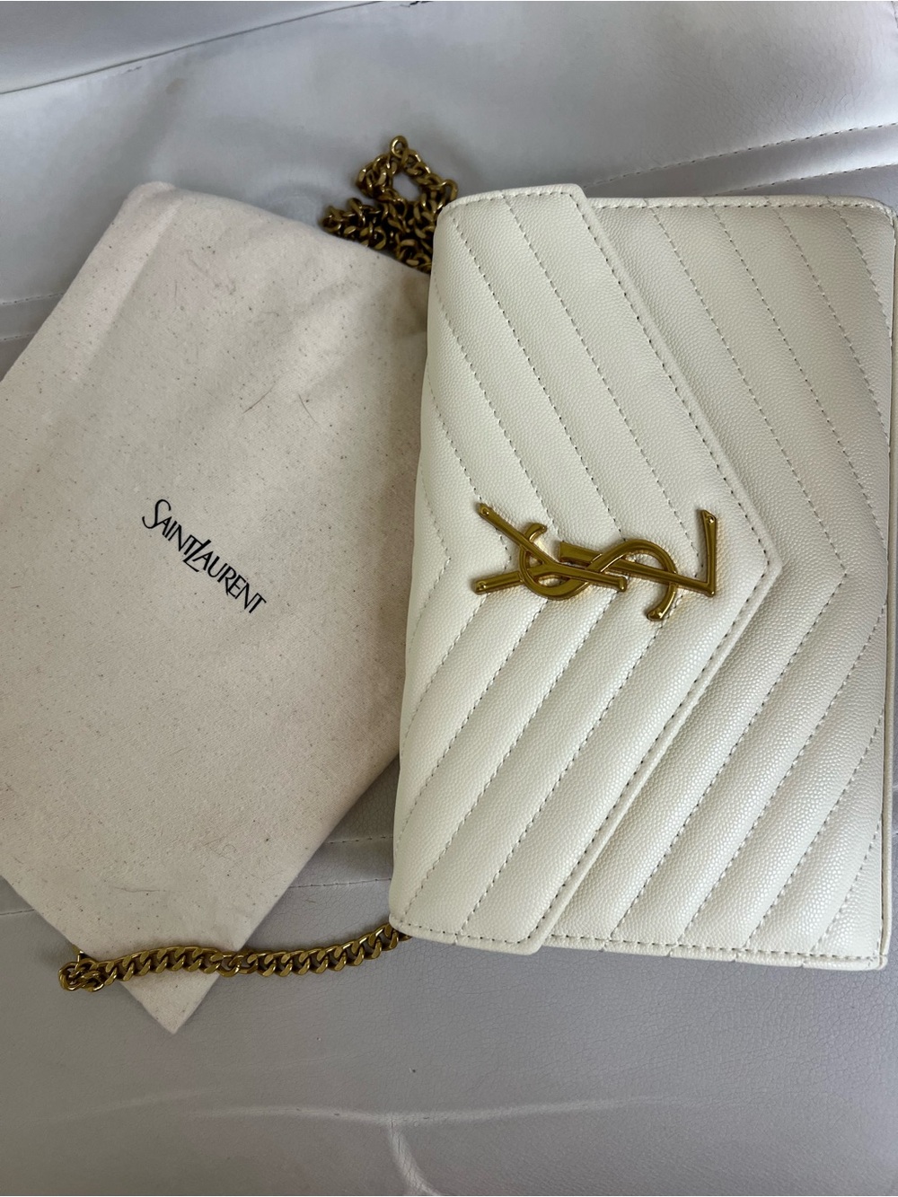 Saint Laurent White Quilted Leather Crossbody with Gold Logo